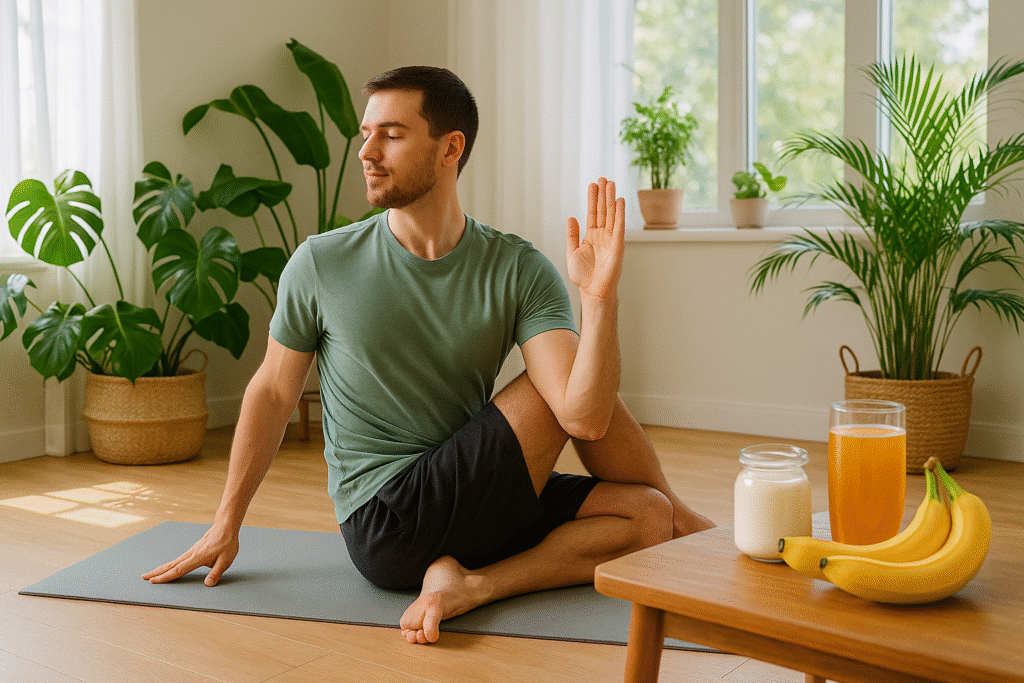 Young man doing yoga on a mat in a bright room, promoting gut-healthy fitness through exercise.